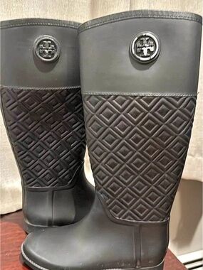 Tory Burch Marion Quilted Rain Boot Black Tall Rain Boots
